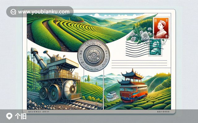 精致錫礦、茶園與梯田構(gòu)成的個(gè)舊市郵票主題插畫，展示‘錫都’、茶文化和云南農(nóng)業(yè)特色