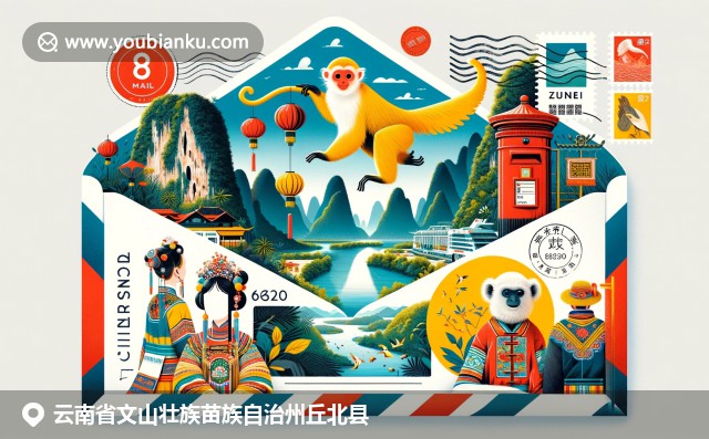 云南普者黑風景區(qū)與金絲猴，傳統(tǒng)服飾圖案，中國郵政元素融合