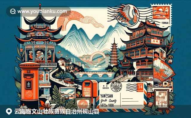 云南硯山縣地域文化與特色風(fēng)景的現(xiàn)代描繪，郵政元素貫穿整幅畫面