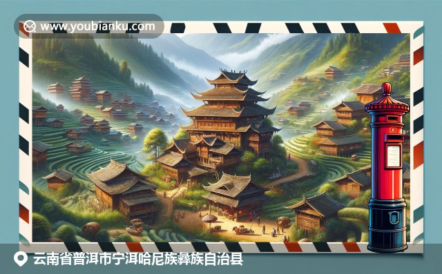 云南普洱茶文化與哈尼族彝族民居建筑的結(jié)合，呈現(xiàn)綠色茶山和傳統(tǒng)建筑風(fēng)格