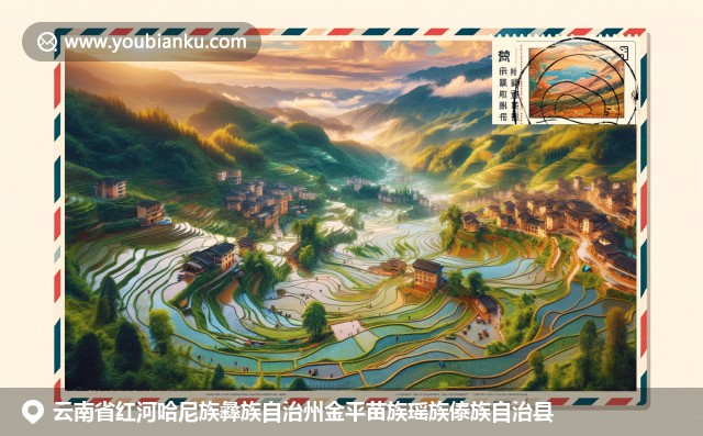 云南金平苗族瑤族傣族自治縣梯田與傳統(tǒng)服飾相映成趣，茶園風(fēng)光點(diǎn)綴其間，展現(xiàn)當(dāng)?shù)刈匀慌c文化之美