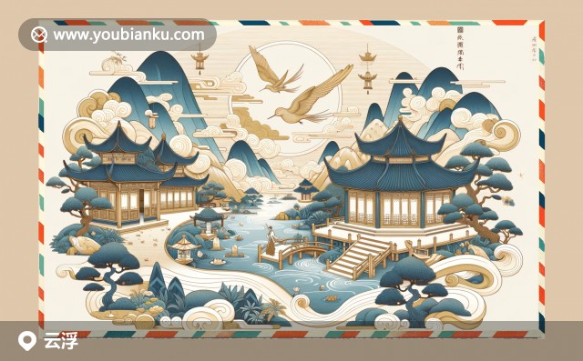 云浮文化與自然融合，呈現(xiàn)禪宗六祖像、南江風(fēng)景與石雕藝術(shù)，中央艷麗郵票，邊緣中國(guó)郵戳