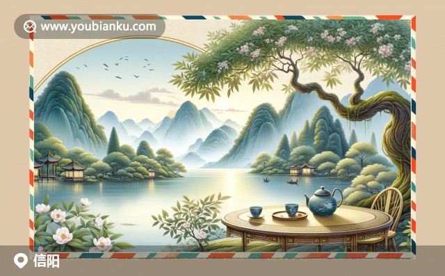 信陽地域特色與郵政元素完美結(jié)合，展現(xiàn)毛尖、大腸湯與南灣湖風光，中國風郵票郵戳點綴