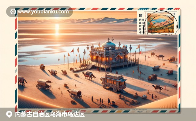 內(nèi)蒙古烏海湖沙漠與湖泊景觀，蒙古圖騰裝飾郵車，郵遞郵件包裹郵政元素