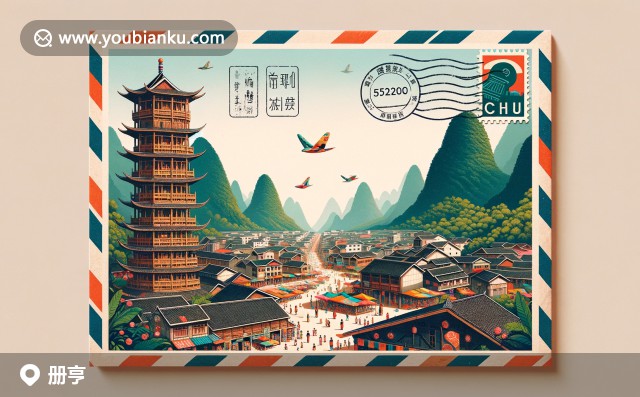 貴州省冊亨縣的風(fēng)光：翠綠山景、特色木樓與熱鬧市場，融入中國郵政元素的現(xiàn)代插畫