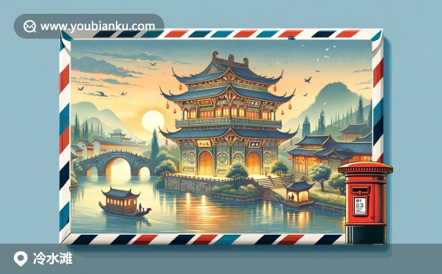 冷淡灘區(qū)石牌樓郵筒與航空信封插畫，展現(xiàn)永州特色與郵政文化