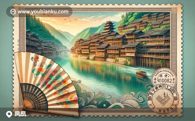鳳凰古城吊腳樓、沱江、傳統(tǒng)扇子與郵票 - 湘西土家族苗族自治州文化象征