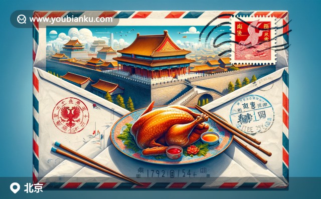 現(xiàn)代創(chuàng)意描繪北京，八達(dá)嶺長(zhǎng)城、故宮與北京烤鴨融入郵政主題，展現(xiàn)傳統(tǒng)元素