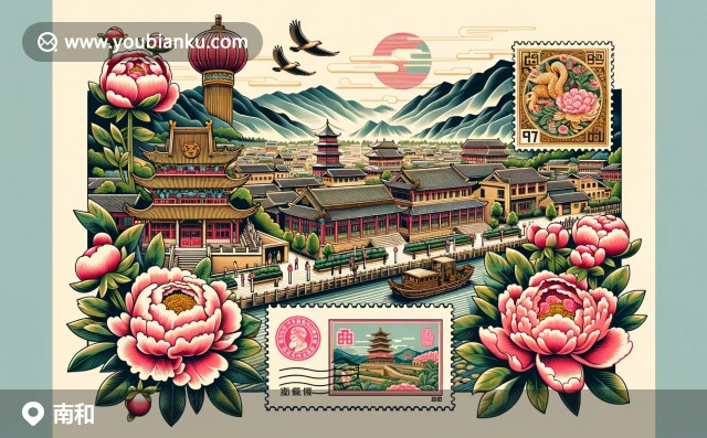 南和縣插圖：古樸豫陽古鎮(zhèn)，繁花似錦牡丹，郵政信封與郵票象征中國風(fēng)情