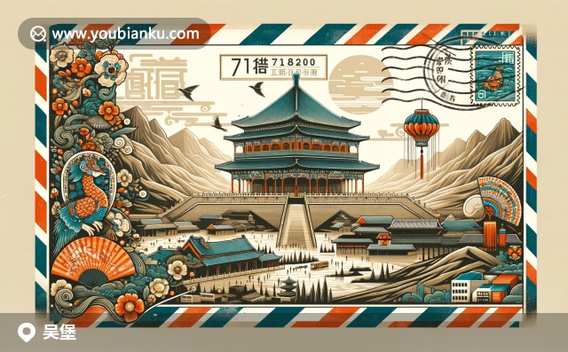 老式航空郵件信封背景下的吳堡縣真武閣與黃土高原風(fēng)光，配以中國(guó)傳統(tǒng)皮影戲元素和718200郵戳
