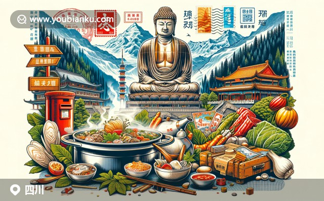 四川文化與郵政元素完美融合，展現九寨溝風景、大熊貓和火鍋等特色元素，傳達郵政傳遞信息的獨特魅力
