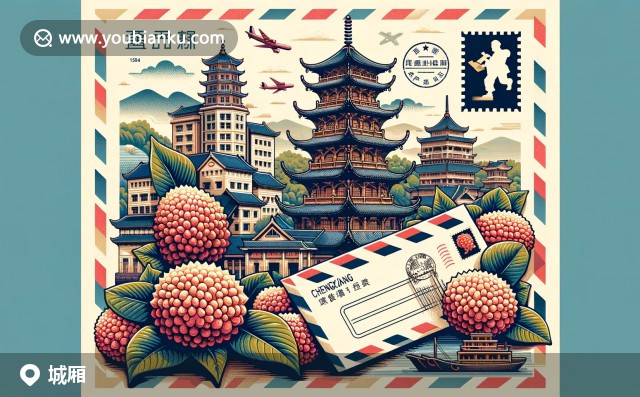 描繪福建傳統(tǒng)建筑、文光塔、荔枝及郵政元素的現(xiàn)代城廂區(qū)明信片設計