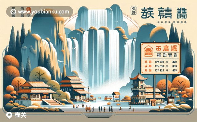壺口瀑布、郵政編碼047300、中國郵政郵戳與刀削面的現(xiàn)代插圖，展現(xiàn)壺關縣自然與美食魅力