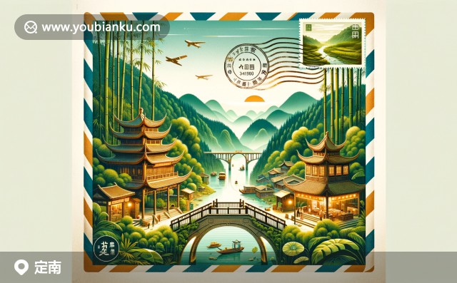 江西省贛州市定南縣郵票航空信封，展示竹林、古橋與茶葉特色，341900郵政編碼，探索寧靜風光