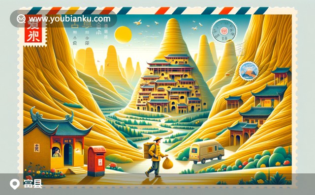 壯麗黃土高原，富縣特色窯洞與郵遞員郵筒在創(chuàng)意郵封中的交織