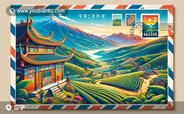 云南省富寧縣郵票插圖 - 高黎貢山、茶園與傣族竹樓，郵編663400