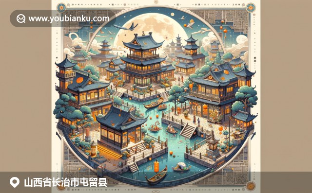 現(xiàn)代插畫展現(xiàn)山西長(zhǎng)治屯留縣地域特色，古建筑美食與文化活動(dòng)融合，航空郵政元素點(diǎn)綴