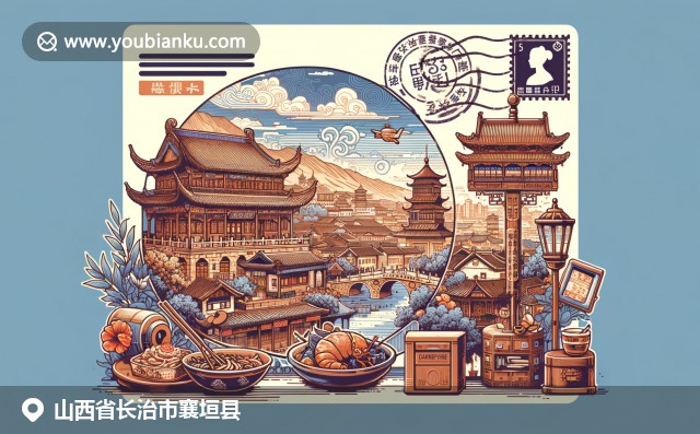 融合山西襄垣縣地域特色，展現(xiàn)壺口瀑布、山西面食和古城墻，點(diǎn)綴郵政元素