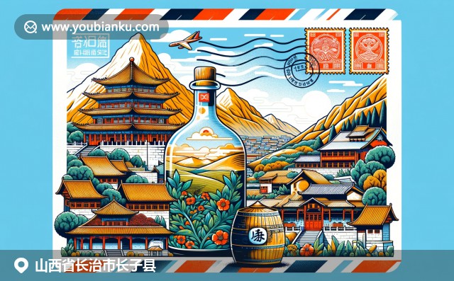 山西文化與自然風(fēng)光的融合，長家大院、醋陶瓷罐和太行山景色交織在郵件信封中