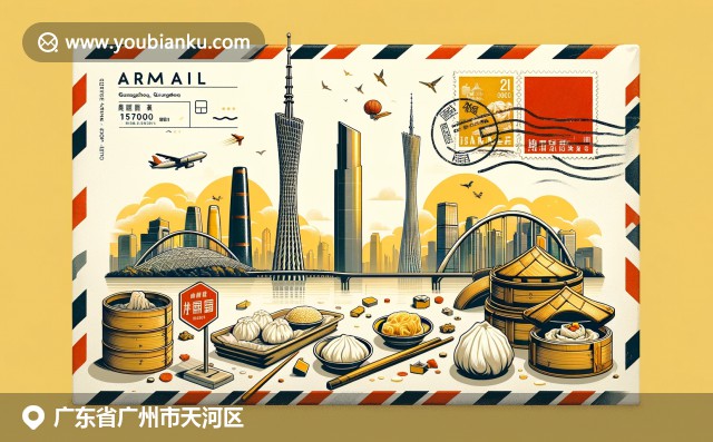 廣州天河區(qū)現(xiàn)代風貌：廣州塔、粵式點心與現(xiàn)代天際線，融入航空郵件元素