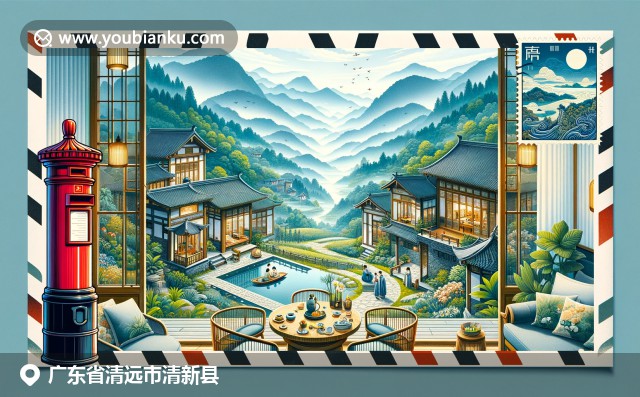 廣東清新縣清新溫泉背景插畫，現(xiàn)代風格明信片上含“清新”文字及郵政編碼，特色郵票展示知名地標和文化元素