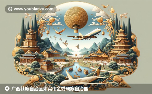 廣西金秀瑤族自治縣文化特色插畫，展現(xiàn)瑤族建筑舞蹈與壯麗山水景觀