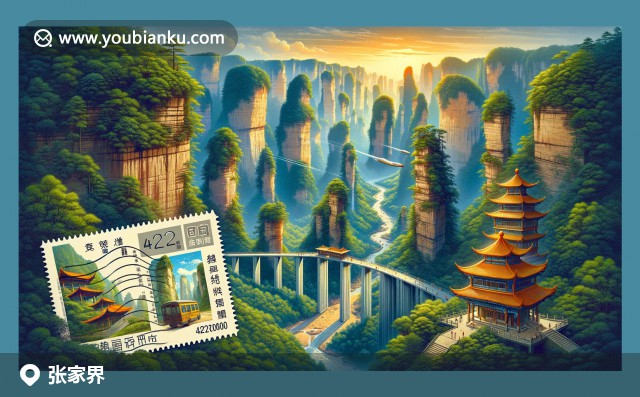張家界獨(dú)特的自然景觀與中國(guó)郵政文化交融，展現(xiàn)天然橋與石柱群，古典郵政元素點(diǎn)綴