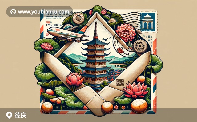 特色插畫：德慶縣歷史古塔、蓮花池塘與荔枝，展現(xiàn)郵政文化
