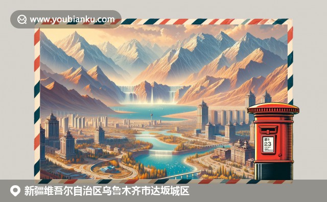 新疆烏魯木齊市達(dá)坂城區(qū)的多元魅力：天山大峽谷壯麗景觀、美食手抓肉和具特色古建筑，在郵政元素襯托下展現(xiàn)地域文化