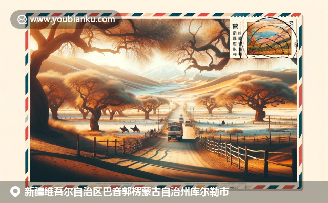 新疆庫(kù)爾勒市的獨(dú)特自然風(fēng)光和豐富農(nóng)產(chǎn)品，搭配郵政元素展現(xiàn)地域特色和郵政文化