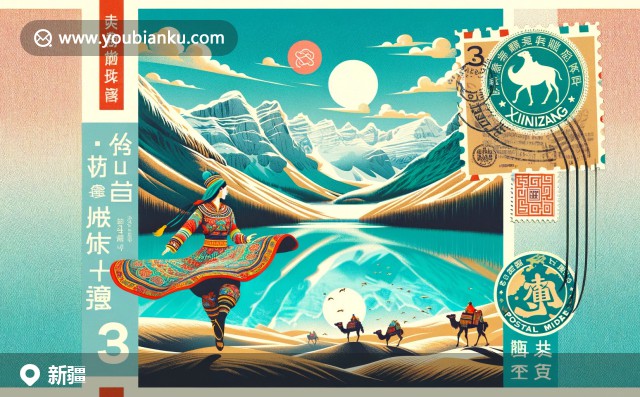 新疆自然美景與豐富文化的完美融合，描繪天山天池和傳統(tǒng)維吾爾族舞者，背景是壯麗的天山山脈