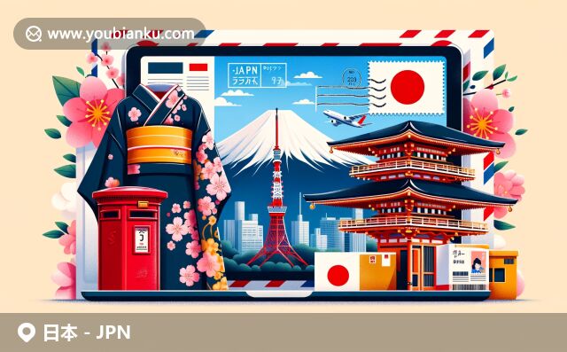 現(xiàn)代插畫展現(xiàn)日本地域特色與郵政元素，富士山、櫻花、和服元素搭配東京塔、金閣寺等景點，航空信封中展示國旗和郵票