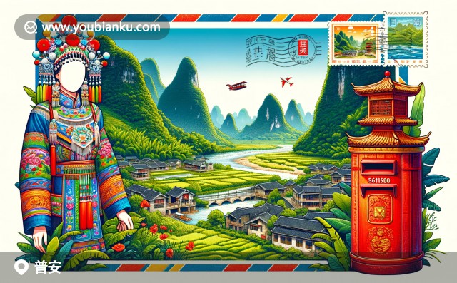 壯麗的萬峰林與多彩苗族繡花服飾，郵政明信片上的普安郵戳與紅色郵筒，展現(xiàn)普安縣自然與人文的獨(dú)特魅力