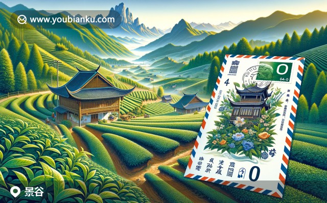 茶園、傣族竹樓和無量山的景谷縣郵局特色畫作，郵編666400