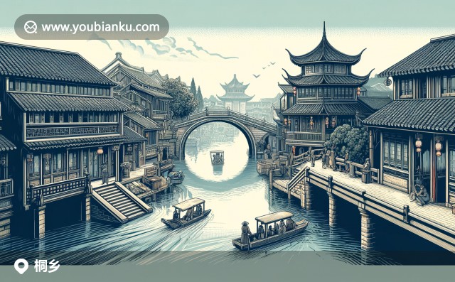 浙江烏鎮(zhèn)傳統(tǒng)建筑與現(xiàn)代插圖：橋中橋、水運(yùn)河與戲劇節(jié)的明信片風(fēng)光 (郵政編碼314500)