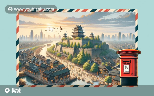 湖北襄樊樊城區(qū)特色景觀，包括古城墻、漢江及樊城蒸菜，融入郵政元素的明信片設計