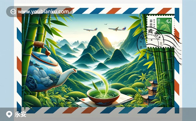 航空信封形狀的插畫，展現(xiàn)永安市武夷山脈、茶文化與竹林特色，象征郵政通信與地方遺產(chǎn)