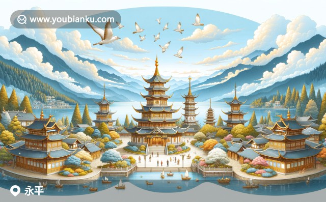 插圖：永平縣標(biāo)志性景點崇圣寺三塔與蒼山洱海，云南特色花卉與蝴蝶裝飾，郵政編碼672600