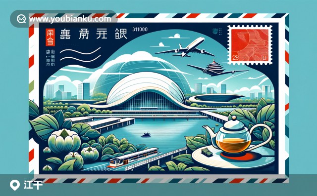 航空信封插圖 - 錢塘江、杭州國(guó)際博覽中心、龍井茶葉與人民大會(huì)堂郵票