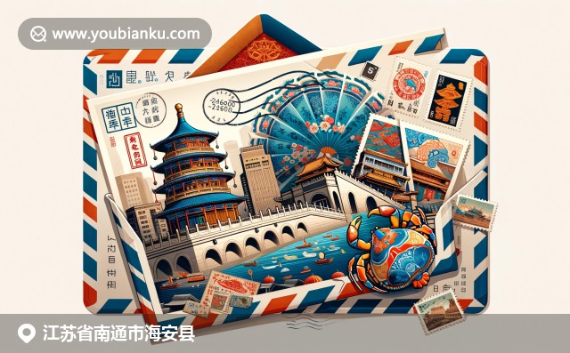 鮮明色彩，傳統(tǒng)文化與現(xiàn)代郵政的完美融合，海安縣鼓樓、藍印花布、螃蟹在明信片和信封上生動呈現(xiàn)