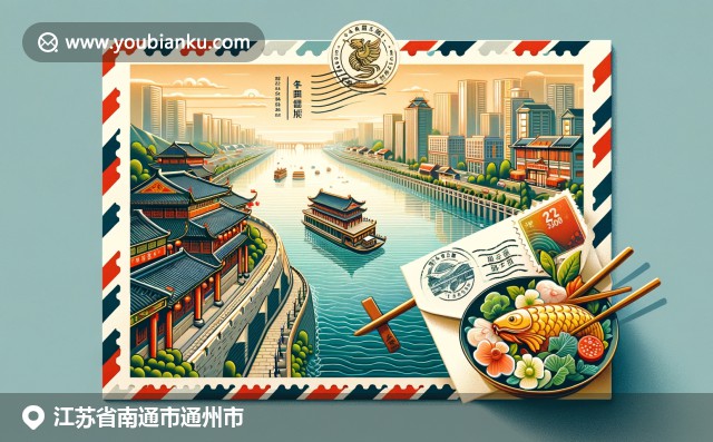 現(xiàn)代航空郵件信封，展現(xiàn)江蘇南通通州區(qū)文化特色：大劇院、江海景觀和河豚菜