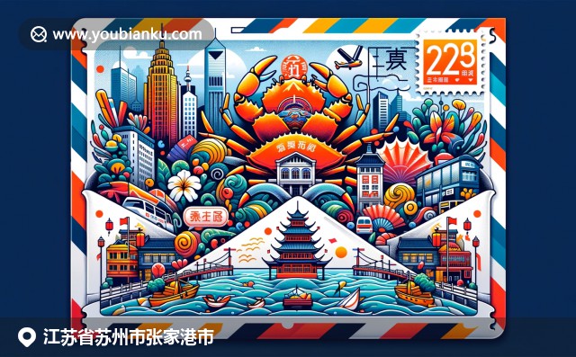 張家港市文化與風(fēng)貌的現(xiàn)代詮釋，展示大閘蟹與傳統(tǒng)中國(guó)牌樓，融入航空郵件元素