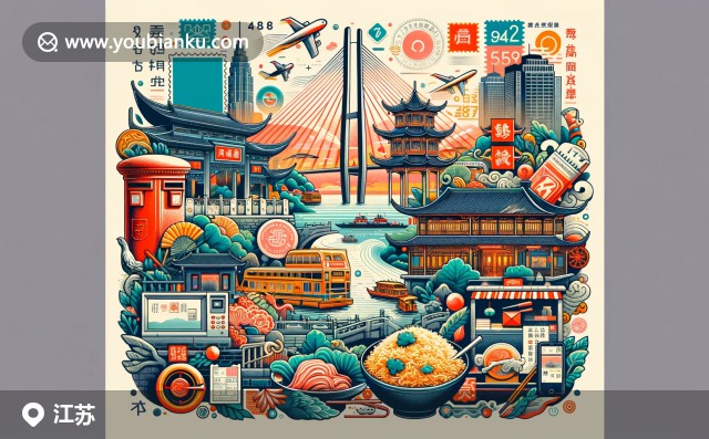 江蘇文化與郵政元素巧妙融合，描繪蘇州園林和瘦西湖景觀，彰顯江蘇獨特魅力