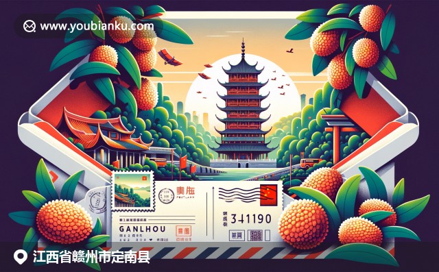 現(xiàn)代插畫描繪贛州文化：贛州塔、茂盛荔枝園和中國郵政元素
