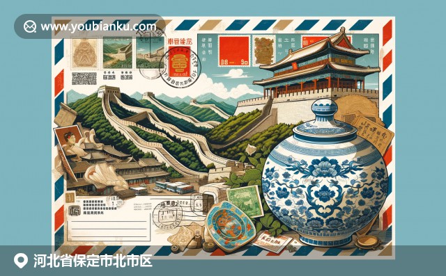 展現(xiàn)保定文化與中國郵政遺產的完美融合，復古航空信封描繪長城、定州瓷器和野三坡風景