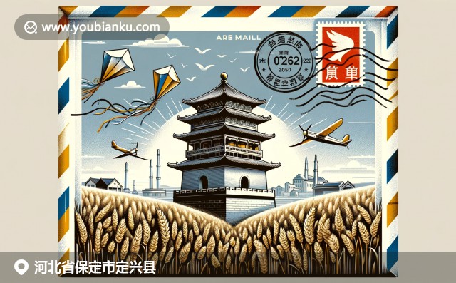 古老的定興鐘樓、傳統(tǒng)風箏和金黃麥田，展現(xiàn)定興縣豐富的歷史文化和農(nóng)業(yè)景觀，融入航空信封框架