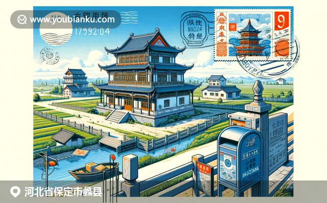 河北蠡縣地域特色，融合自然景觀、美食文化和歷史遺產(chǎn)，通過航空郵件形式展現(xiàn)