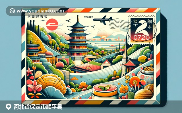 保定市順平縣的自然、美食和歷史文化，現(xiàn)代藝術(shù)手法展現(xiàn)風(fēng)格化航空郵件信封框架