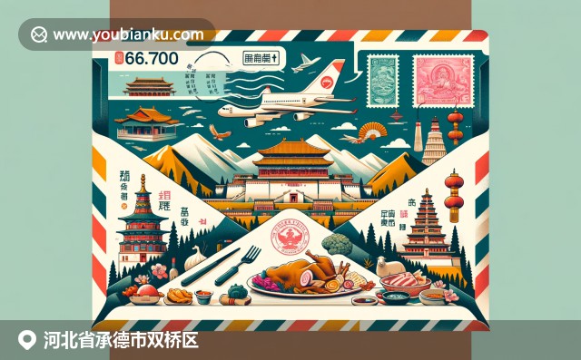 承德雙橋區(qū)特色展示：避暑山莊、普陀宗乘之廟，以及烤羊肉、鹿肉美食文化，融入民俗郵政元素