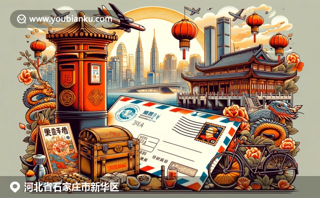 石家莊新華區(qū)地域特色插圖：長(zhǎng)安公園景觀、電視塔與河北燒餅融入中國(guó)風(fēng)郵政元素
